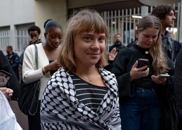 October 13, 2026: Paul-o°luard High School in Saint-Denis is at the center of the news as part of the fifth round of national student protests...The renowned Swedish environmental activist Greta Thunberg visited Paul-o°luard High School in Saint-Denis this morning to offer her direct support to the protesting students. She denounced police violence against the young demonstrators. - ZUMAs287 20261013_zip_s287_011 Copyright: xSadakxSouicix
