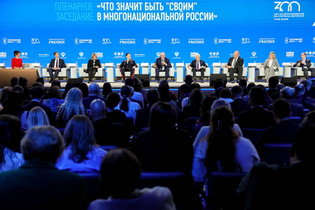 RUSSIA, MOSCOW - OCTOBER 13, 2026: Andrei Yemelyanov, Deputy Head of the Russian Federal Agency for the CIS, Compatriots Abroad, and International Humanitarian Cooperation (Rossotrudnichestvo), Maria Zakharova, Press Secretary of the Russian Foreign Ministry, Konstantin Bukreyev, First Deputy Head of the Nitizenship and Foreign Citizens Registration Service under the Russian Interior Ministry, Magomedsalam Magomedov, Deputy Chief of Staff, Russian Presidential Executive Office, Vladimir Vasilyev, Vice Speaker of the Russian State Duma, Alexander Karelin of the Foreign Affairs Committee, Russian Federation Council, Irina Korotkova, Inconsult K CEO, and Ruslan Gagkuyev (L-R), Board Chairman of the Russian Historical Society, Executive Direct - ZUMAt113 20261013_zaa_t113_256 Copyright: xYevgenyxMessmanx