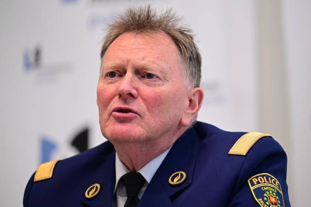 Chief of Police for the Brussels-Capital Ixelles Police District Michel Goovaerts pictured during a press conference of the Brussels Public Prosecutor regarding two incidents, on Tuesday 13 October 2026, in Brussels. A police officer with the Anti-Assault Brigade died last night in Jette during a response to a call and one person died in a shooting in Ixelles.  DIRKxWAEM 189658166