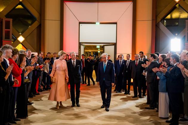 Queen Mathilde of Belgium; King Philippe - Filip of Belgium and Kazakhstan s President Kassym-Jomart Tokayev pictured during a evening Reception organised by the ambassador the official state visit of the Belgian King and Queen to Kazakhstan, on Tuesday 13 October 2026. The first State Visit of Belgium s royal couple in central Asia from 11 to 14 October 2026, aims to highlight bilateral cooperation in the economic, academic, and cultural fields.  JASPERxJACOBS 189682259