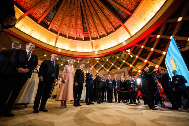 Queen Mathilde of Belgium; King Philippe - Filip of Belgium and Kazakhstan s President Kassym-Jomart Tokayev pictured during a evening Reception organised by the ambassador the official state visit of the Belgian King and Queen to Kazakhstan, on Tuesday 13 October 2026. The first State Visit of Belgium s royal couple in central Asia from 11 to 14 October 2026, aims to highlight bilateral cooperation in the economic, academic, and cultural fields.  JASPERxJACOBS 189682257
