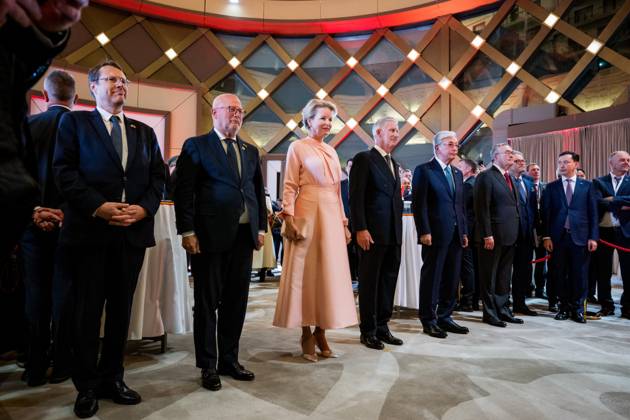 Minister of Climate and Mobility Jean-Luc Crucke; Queen Mathilde of Belgium; King Philippe - Filip of Belgium and Kazakhstan s President Kassym-Jomart Tokayev pictured during an evening Reception organised by the ambassador the official state visit of the Belgian King and Queen to Kazakhstan, on Tuesday 13 October 2026. The first State Visit of Belgium s royal couple in central Asia from 11 to 14 October 2026, aims to highlight bilateral cooperation in the economic, academic, and cultural fields.  JASPERxJACOBS 189682234