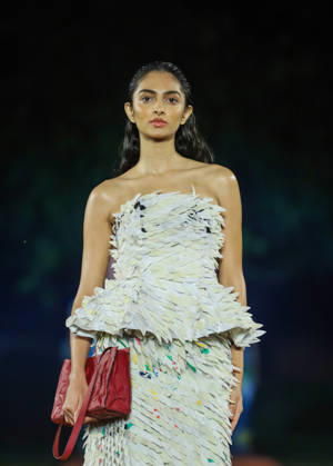 Lakme Fashion Week x FDCI Kicks Off in New Delhi New Delhi, Oct 13 (ANI): A model walks the ramp on the opening day of the Lakme Fashion Week x FDCI, at the France Embassy, in New Delhi on Tuesday. New Delhi Delhi India Copyright: xANIx ANI_20261013437