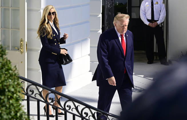 October 13, 2026, Washington, District Of Columbia, USA: United States President Donald J Trump, followed by new White House Press Secretary Katie Zacharia, emerges from the Diplomatic Entrance as he departs for a campaign trip to Alaska, Nevada, Arizona and Montana from the South Lawn of the White House in Washington, DC, USA, on Tuesday, October 13, 2026 Washington USA - ZUMAs152 20261013_faa_s152_041 Copyright: xRonxSachs-CNPx