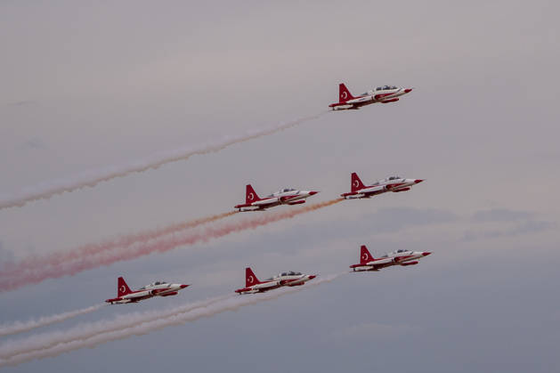 Turkish Armed Forces Fire Free-2026 military exercise held in Ankara ANKARA, TURKIYE - OCTOBER 13: Turkish Stars perform demonstration flight as Turkish armed forces hold the Fire Free-2026 military exercise at the General Nahit Senoglu Firing and Exercise Area in Polatli district, Ankara, Turkiye, on October 13, 2026. Organized to demonstrate the combat readiness and firepower of the Turkish Armed Forces, the comprehensive drill featured live-fire maneuvers utilizing an array of domestically engineered weapons and defense systems. F-16 fighting falcon and ATAK attack helicopters executed precision firing runs during drill. Arman Onal Anadolu Ankara Turkey. Editorial use only. Please get in touch for any other usage. Copyright: x2026xAnadoluxArmanxOnalx