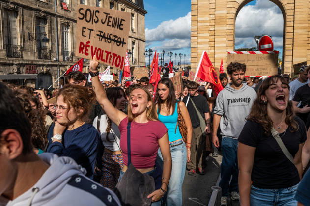 October 13, 2026, Bordeaux, Nouvelle-Aquitaine, France: High school students are protesting all over France, particularly here in Bordeaux. Their grievances are as follows: a shortage of staff, overcrowded class schedules, dilapidated infrastructure, a stressful college counseling process (career guidance), and deteriorating learning conditions. Bordeaux France - ZUMAh207 20261013_zip_h207_074 Copyright: xFabricexHebertx