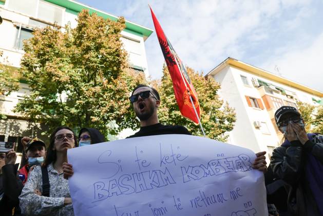 October 13, 2026, Tirana, Albania: TIRANA, ALBANIA, OCTOBER 13, 2026: Student demonstrators clash with riot police outside the Ministry of Education in Tirana during a protest over university conditions, higher education costs and employment prospects. Police deploy tear gas and water cannons as protesters throw bricks and other objects. Several demonstrators are detained. Tirana Albania - ZUMAq101 20261013_zna_q101_261 Copyright: xVlasovxSulajx
