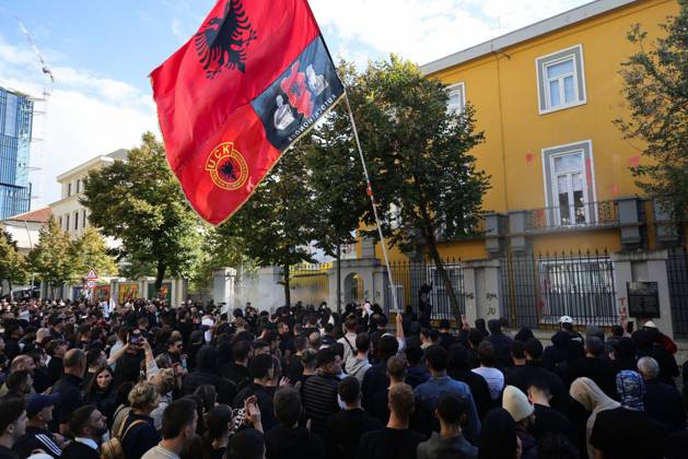 October 13, 2026, Tirana, Albania: TIRANA, ALBANIA, OCTOBER 13, 2026: Student demonstrators clash with riot police outside the Ministry of Education in Tirana during a protest over university conditions, higher education costs and employment prospects. Police deploy tear gas and water cannons as protesters throw bricks and other objects. Several demonstrators are detained. Tirana Albania - ZUMAq101 20261013_zna_q101_277 Copyright: xVlasovxSulajx