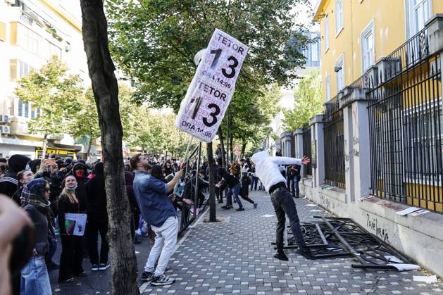 October 13, 2026, Tirana, Albania: TIRANA, ALBANIA, OCTOBER 13, 2026: Student demonstrators clash with riot police outside the Ministry of Education in Tirana during a protest over university conditions, higher education costs and employment prospects. Police deploy tear gas and water cannons as protesters throw bricks and other objects. Several demonstrators are detained. Tirana Albania - ZUMAq101 20261013_zna_q101_281 Copyright: xVlasovxSulajx