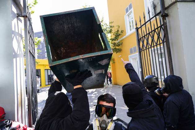 October 13, 2026, Tirana, Albania: TIRANA, ALBANIA, OCTOBER 13, 2026: Student demonstrators clash with riot police outside the Ministry of Education in Tirana during a protest over university conditions, higher education costs and employment prospects. Police deploy tear gas and water cannons as protesters throw bricks and other objects. Several demonstrators are detained. Tirana Albania - ZUMAq101 20261013_zna_q101_282 Copyright: xVlasovxSulajx