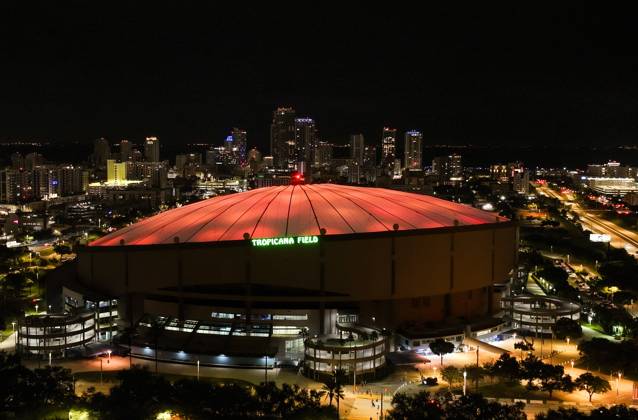October 14, 2026, St. Petersburg, Florida, USA: An aerial drone view showing the dome glowing orange celebrating the Tampa Bay Rays win over the Cleveland Guardians in the American League Championship Series game 2 at Tropicana Field on Wednesday, Oct. 14, 2026 in St. Petersburg. St. Petersburg USA - ZUMAs70_ 20261014_zan_s70_001 Copyright: xDirkxShaddx