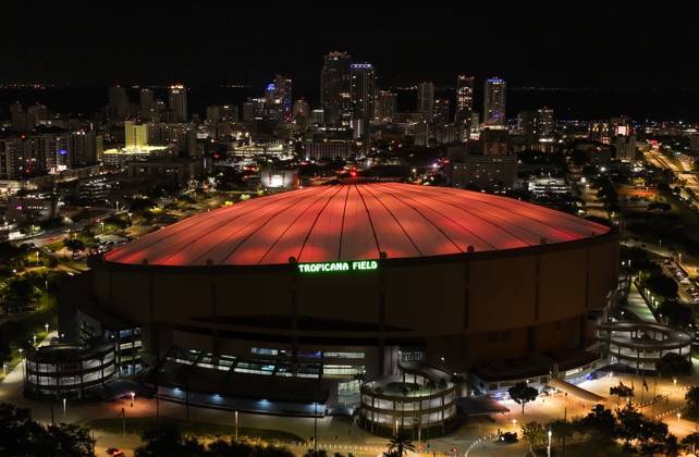 October 14, 2026, St. Petersburg, Florida, USA: An aerial drone view showing the dome glowing orange celebrating the Tampa Bay Rays win over the Cleveland Guardians in the American League Championship Series game 2 at Tropicana Field on Wednesday, Oct. 14, 2026 in St. Petersburg. St. Petersburg USA - ZUMAs70_ 20261014_zan_s70_002 Copyright: xDirkxShaddx