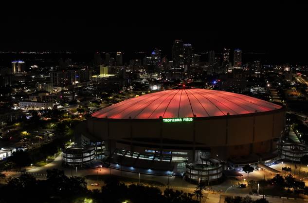 October 14, 2026, St. Petersburg, Florida, USA: An aerial drone view showing the dome glowing orange celebrating the Tampa Bay Rays win over the Cleveland Guardians in the American League Championship Series game 2 at Tropicana Field on Wednesday, Oct. 14, 2026 in St. Petersburg. St. Petersburg USA - ZUMAs70_ 20261014_zan_s70_003 Copyright: xDirkxShaddx