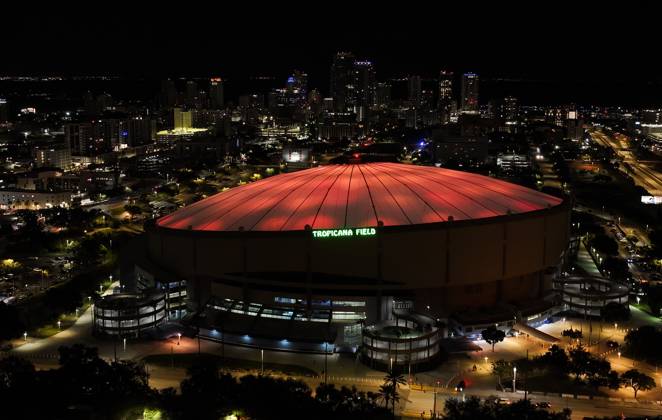 October 14, 2026, St. Petersburg, Florida, USA: An aerial drone view showing the dome glowing orange celebrating the Tampa Bay Rays win over the Cleveland Guardians in the American League Championship Series game 2 at Tropicana Field on Wednesday, Oct. 14, 2026 in St. Petersburg. St. Petersburg USA - ZUMAs70_ 20261014_zan_s70_004 Copyright: xDirkxShaddx