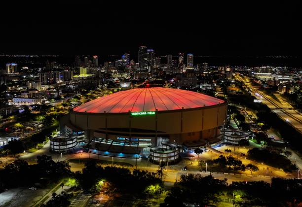 October 14, 2026, St. Petersburg, Florida, USA: An aerial drone view showing the dome glowing orange celebrating the Tampa Bay Rays win over the Cleveland Guardians in the American League Championship Series game 2 at Tropicana Field on Wednesday, Oct. 14, 2026 in St. Petersburg. St. Petersburg USA - ZUMAs70_ 20261014_zan_s70_005 Copyright: xDirkxShaddx