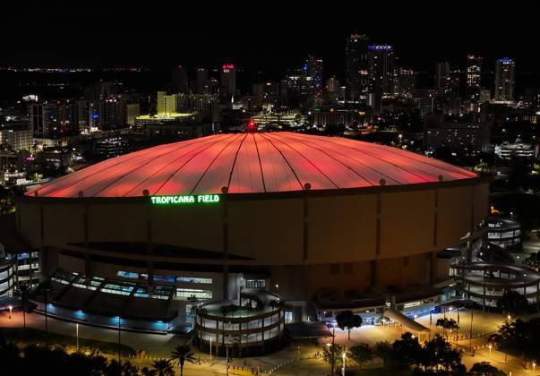 October 14, 2026, St. Petersburg, Florida, USA: An aerial drone view showing the dome glowing orange celebrating the Tampa Bay Rays win over the Cleveland Guardians in the American League Championship Series game 2 at Tropicana Field on Wednesday, Oct. 14, 2026 in St. Petersburg. St. Petersburg USA - ZUMAs70_ 20261014_zan_s70_006 Copyright: xDirkxShaddx