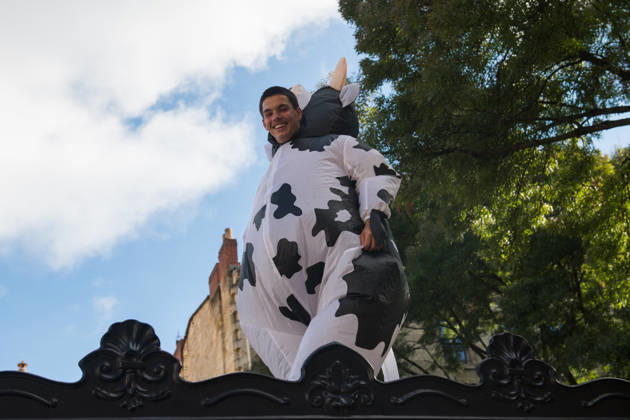 High School Stdent Mobilisation - Bordeaux A protester wearing a cow costume participates in Act V of the high school student mobilisation in Bordeaux, France on October 13, 2026, as students demonstrate against education reforms. Photo by Fabrice Sapte ABACAPRESS.COM Bordeaux France  Copyright: xSaptexFabrice ABACAx