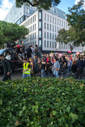 High School Stdent Mobilisation - Bordeaux High school students march around a vehicle as spectators watch from the windows of a building during Act V of the high school student mobilisation in Bordeaux, France on October 13, 2026, protesting against education reforms. Photo by Fabrice Sapte ABACAPRESS.COM Bordeaux France  Copyright: xSaptexFabrice ABACAx