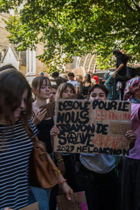 High School Stdent Mobilisation - Bordeaux High school students march with placards through the streets of Bordeaux, France on October 13, 2026, during Act V of the high school student mobilisation against education reforms. Photo by Fabrice Sapte ABACAPRESS.COM Bordeaux France  Copyright: xSaptexFabrice ABACAx