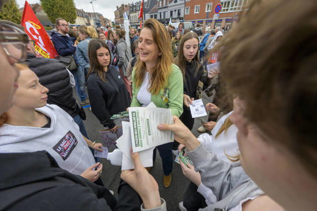 High School Students Demonstrate With Marine Tondelier In Lens - France Marine Tondelier, national secretary of the Europe Ecology The Greens party, participates in a high school student protest march in Lens, Pas de Calais, France on October 13, 2026. The demonstration involved students from local high schools accompanied by political figures, teachers, and union representatives. Photo by Blanquart C ANDBZ ABACAPRESS.COM Lens Hauts-de-France France  Copyright: xBlanquartxCh ANDBZ ABACAx