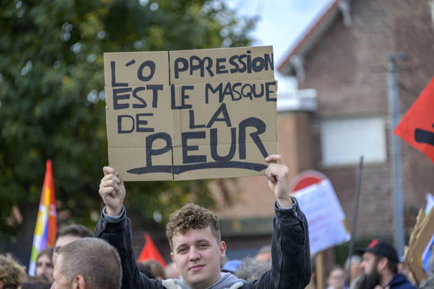High School Students Demonstrate With Marine Tondelier In Lens - France High school students from Lens participate in a protest march through the streets of Lens, Pas de Calais, France on October 13, 2026, accompanied by political figures, teachers, and union representatives. Slogans displayed include L oppression est le masque de la peur (Oppression is the mask of fear). Photo by Blanquart C ANDBZ ABACAPRESS.COM Lens Hauts-de-France France  Copyright: xBlanquartxCh ANDBZ ABACAx