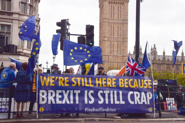 October 14, 2026, London, England, United Kingdom: Protesters gather with European Union flags during the weekly anti-Brexit and pro-EU protest in Parliament Square. London United Kingdom  - ZUMAv130 20261014_zip_v130_049 Copyright: xVukxValcicx