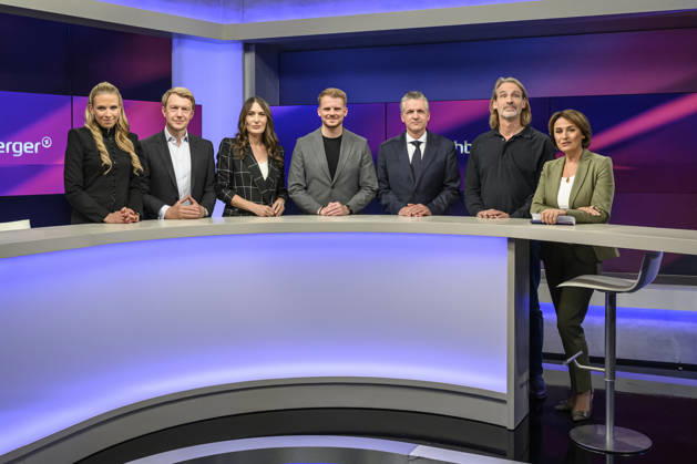 im Bild v.l.: Nena Brockhaus (Journalistin), Markus Preiß (Leiter ARD-Hauptstadtstudio), Anja Kohl (ARD-Moderatorin und Wirtschaftsexpertin), Tim Klüssendorf, SPD (Generalsekretär), Thorsten Frei, CDU (Unionsfraktionsvorsitzender), Richard David Precht (Philosoph), Sandra Maischberger, GER, Berlin, Studio, zu Gast bei – Maischberger, politische Talkshow, TV, Format, mit Moderatorin – Sandra Maischberger, Das Erste, aus Adlershof – Am Studio 20, 14.10.2026, Copyright: HMBxMedia UwexKoch