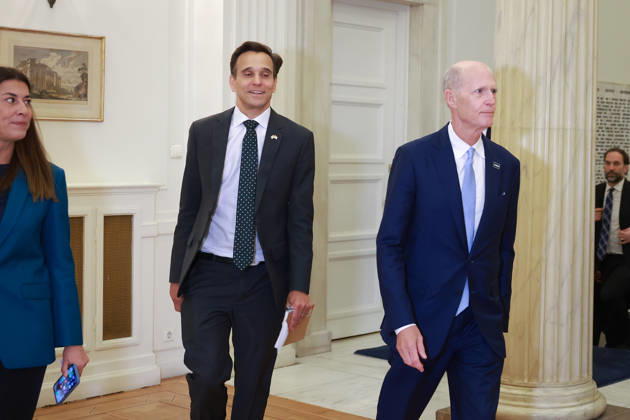 Greek FM Gerapetritis meets US congressional delegation in Athens ATHENS, GREECE - OCTOBER 15: US Senator Rick Scott and US Embassy Deputy Chief of Mission Josh Huck arrive at the Foreign Ministry in Athens, Greece, on October 15, 2026. Costas Baltas Anadolu Athens Greece. Editorial use only. Please get in touch for any other usage.  Copyright: x2026xAnadoluxCostasxBaltasx