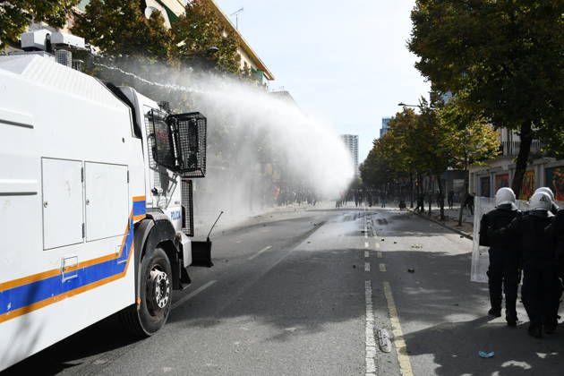 Student protests demanding improved educational conditions continue in Albania TIRANA, ALBANIA - OCTOBER 15: A police water cannon sprays water toward demonstrators during the third day of protests demanding improved educational conditions in Tirana, Albania, on October 15, 2026. University students are joined by high school students and local residents as tensions escalate, with police using tear gas to disperse demonstrators outside the Ministry of Education and the Parliament building, while protesters throw stones and other objects at police officers. Olsi Shehu Anadolu Tirana Albania. Editorial use only. Please get in touch for any other usage.  Copyright: x2026xAnadoluxOlsixShehux