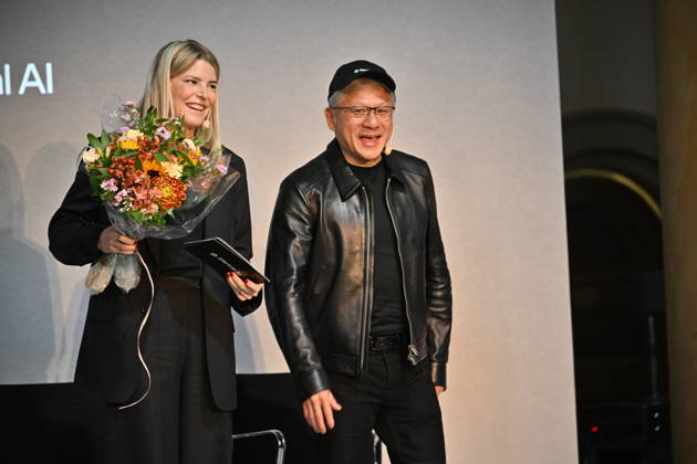 STOCKHOLM, SWEDEN 20261015 Jenny Nordlöw, CEO of Sferical AI, and Jensen Huang, CEO of Nvidia, at the Sferical One event at Eric Ericsonhallen on Thursday STOCKHOLM, SWEDEN x10040x  Copyright: xAndersxWiklund TTx SFERICAL ONE NVIDIA I0xOVkByN50