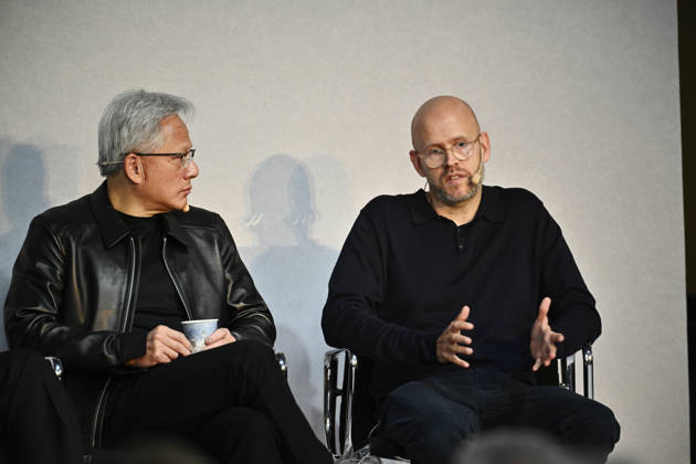 Jensen Huang, CEO of Nvidia, and Daniel Ek, founder of Spotify, during the Sferical One event at Eric Ericsonhallen in Stockholm, Sweden, on October 15, 2026 STOCKHOLM SWEDEN x10040x  Copyright: xAndersxWiklund TTx SFERICAL ONE NVIDIA AlHb1b0zhUo