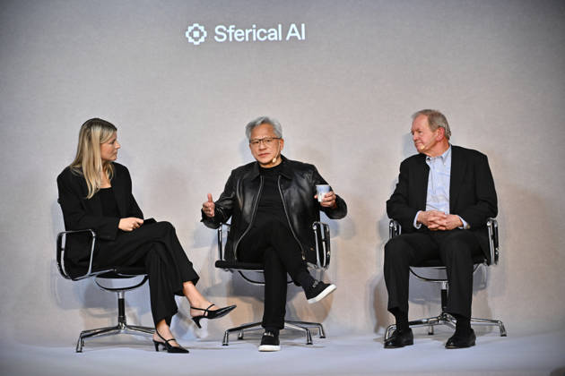 Jenny Nordlöw, CEO of Sferical AI, Jensen Huang, CEO of Nvidia, and Marcus Wallenberg during the Sferical One event organized by Nvidia at Eric Ericsonhallen in Stockholm, Sweden, on October 15, 2026 STOCKHOLM SWEDEN x10040x  Copyright: xAndersxWiklund TTx SFERICAL ONE NVIDIA t7OKabafh3M