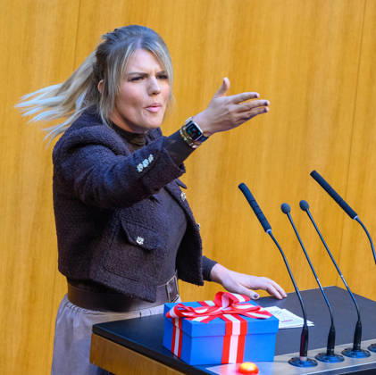 Â - Wien 15.10.2026 - 103. Sitzung des Nationalrates. PHOTO: Abg. Lisa Aldali (NEOS) mit Geschenk an die FPÖ 103th sitting of the National Council. Nationalrat, Nationalratssitzung, Parlamentssitzung, Parlament, Plenum 103. Sitzung des Nationalrates
