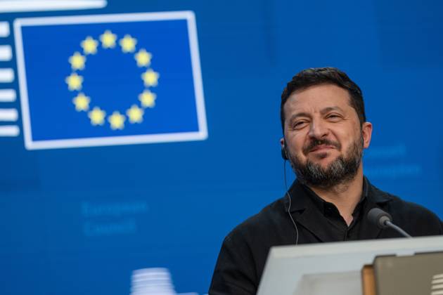 BRUSSELS - Ukrainian President Volodymyr Zelenskyy addresses the press during the second day of the European summit on, among other things, the EU multiannual budget. JONAS ROOSENS ANP netherlands out - belgium out  Copyright: xx x572619386x originalFilename: 572619386.jpg