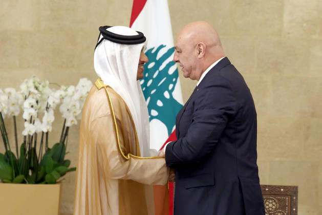 Qatar s Prime Minister and Foreign Minister Mohammed bin Abdulrahman Al Thani in Beirut BEIRUT, LEBANON - OCTOBER 16: (----EDITORIAL USE ONLY - MANDATORY CREDIT - LEBANESE PRESIDENCY HANDOUT - NO MARKETING NO ADVERTISING CAMPAIGNS - DISTRIBUTED AS A SERVICE TO CLIENTS----) Lebanese President Joseph Aoun (R) meets with Qatar s Prime Minister and Foreign Minister Mohammed bin Abdulrahman Al Thani at Baabda Palace, on October 16, 2026 in Beirut, Lebanon. Lebanese Presidency Anadolu Beirut Lebanon. Editorial use only. Please get in touch for any other usage.  Copyright: x2026xAnadoluxLebanesexPresidencyx