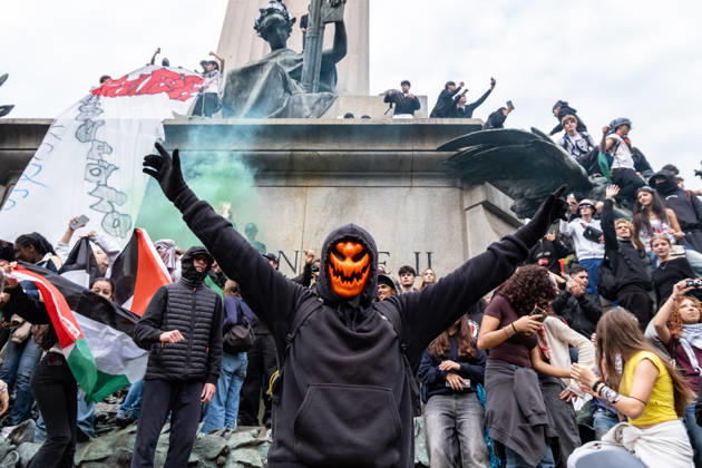 October 16, 2026, Turin, Piedmont, Italy: After days of occupations at many high schools across the city, following the French model, on Friday, October 16, in Turin, thousands of students took to the streets to protest the lack of resources in the school system and the inadequate condition of school buildings. The protesters marched through the city, stopping in front of Porta Susa, where teachers formed a human chain to separate them from the police. Lastly, in Piazza Castello, the police used water cannons and tear gas to disperse the demonstration, which had arrived outside the police headquarters. Turin Italy - ZUMAs377 20261016_znp_s377_017 Copyright: xPietroxStariccox