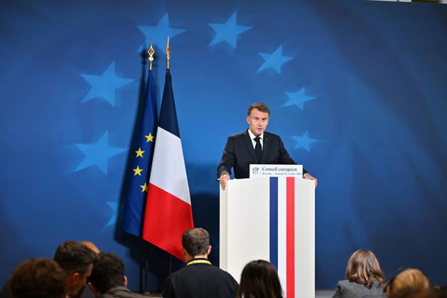 French President Macron holds press conference following EU Leaders Summit in Brussels BRUSSELS, BELGIUM - OCTOBER 16: President of France Emmanuel Macron addresses reporters during a press conference following the European Union Leaders Summit in Brussels, Belgium, on October 16, 2026. Dursun Aydemir Anadolu Brussels Belgium. Editorial use only. Please get in touch for any other usage.  Copyright: x2026xAnadoluxDursunxAydemirx