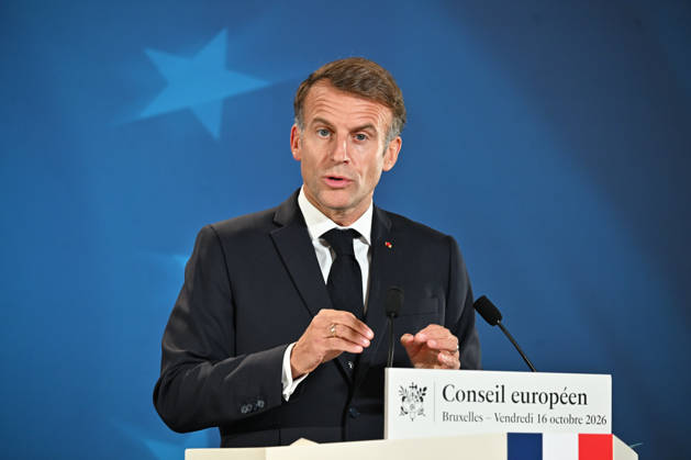 French President Macron holds press conference following EU Leaders Summit in Brussels BRUSSELS, BELGIUM - OCTOBER 16: President of France Emmanuel Macron addresses reporters during a press conference following the European Union Leaders Summit in Brussels, Belgium, on October 16, 2026. Dursun Aydemir Anadolu Brussels Belgium. Editorial use only. Please get in touch for any other usage.  Copyright: x2026xAnadoluxDursunxAydemirx