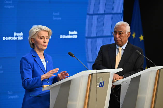 Antonio Costa and Ursula von der Leyen hold press conference after EU Leaders Summit BRUSSELS, BELGIUM - OCTOBER 16: European Council President Antonio Costa, center, and European Commission President Ursula von der Leyen, left, speak during a press conference following the European Union Leaders Summit, on October 16, 2026 in Brussels, Belgium. Dursun Aydemir Anadolu Brussels Belgium. Editorial use only. Please get in touch for any other usage.  Copyright: x2026xAnadoluxDursunxAydemirx