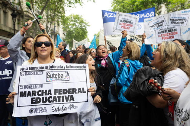 October 16, 2026, Buenos Aires, Buenos Aires, Argentina: Teachers sing during the march towards Argentina™s National Congress to demand compliance with the University Budget Law. Buenos Aires Argentina - ZUMAp265 20261016_zip_p265_038 Copyright: xDelfinaxCorberaxPix