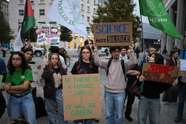 Fridays for Future climate strike in Milan, Italy MILAN, ITALY - OCTOBER 16: Climate activists from Fridays for Future hold placards during a nationwide climate strike in Milan, Italy, on October 16, 2026. Demonstrations are taking place in more than 25 Italian cities, with protesters demanding stronger government action against climate change, faster progress towards renewable energy and greater climate justice. Piero Cruciatti Anadolu Milan Italy. Editorial use only. Please get in touch for any other usage.  Copyright: x2026xAnadoluxPieroxCruciattix