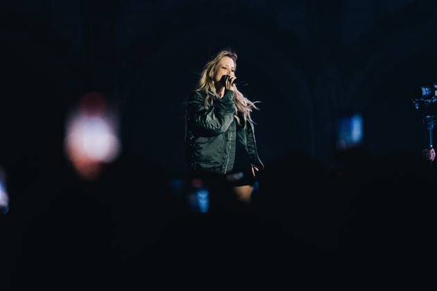 Belgian singer Angele pictured during the Angele Instinct Release Party , a surprise party organized by the Brussels singer to celebrate the release of her album Instinct at the Grote Markt Grand Place, in Brussels, Friday 16 October 2026.  EMILExWINDAL 190025631