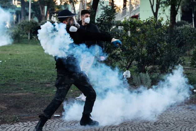 October 16, 2026, Tirana, Albania: TIRANA, ALBANIA, OCTOBER 16, 2026: Student-led anti-government demonstrations continue for a fourth consecutive day in Tirana, demanding improved education conditions and the resignation of Prime Minister Edi Rama. Protesters clash with riot police as officers deploy tear gas to disperse crowds. The demonstrations follow several days of unrest that have damaged public buildings and businesses. Tirana Albania - ZUMAq101 20261016_zna_q101_461 Copyright: xVlasovxSulajx
