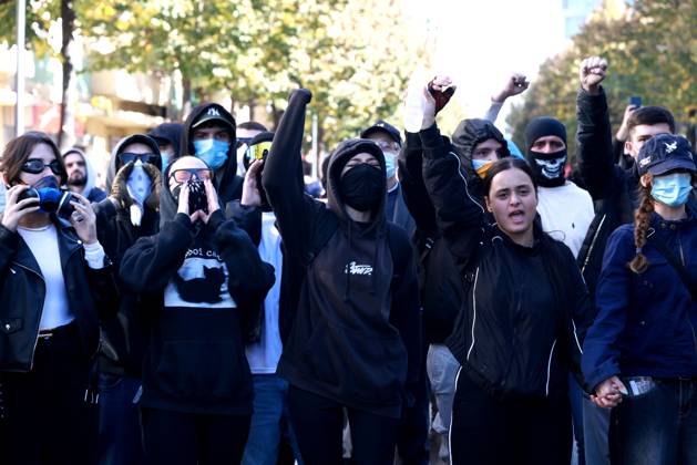 October 16, 2026, Tirana, Albania: TIRANA, ALBANIA, OCTOBER 16, 2026: Student-led anti-government demonstrations continue for a fourth consecutive day in Tirana, demanding improved education conditions and the resignation of Prime Minister Edi Rama. Protesters clash with riot police as officers deploy tear gas to disperse crowds. The demonstrations follow several days of unrest that have damaged public buildings and businesses. Tirana Albania - ZUMAq101 20261016_zna_q101_469 Copyright: xVlasovxSulajx