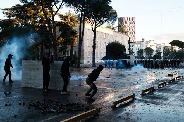 October 16, 2026, Tirana, Albania: TIRANA, ALBANIA, OCTOBER 16, 2026: Student-led anti-government demonstrations continue for a fourth consecutive day in Tirana, demanding improved education conditions and the resignation of Prime Minister Edi Rama. Protesters clash with riot police as officers deploy tear gas to disperse crowds. The demonstrations follow several days of unrest that have damaged public buildings and businesses. Tirana Albania - ZUMAq101 20261016_zna_q101_478 Copyright: xVlasovxSulajx