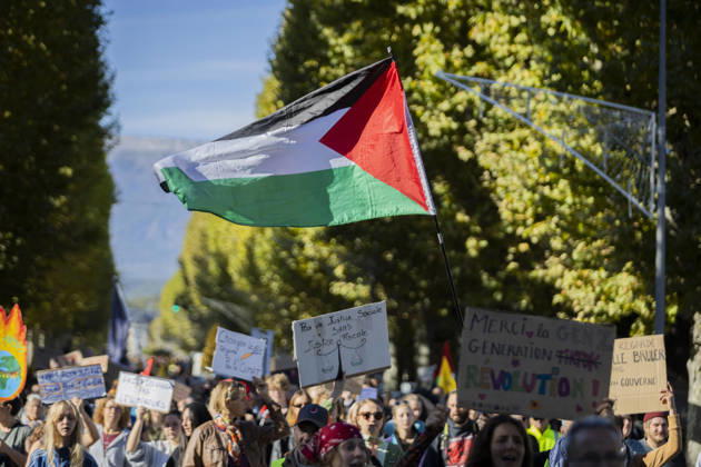 High Cost of Living Protest - Gap A Palestinian flag flies above demonstrators carrying signs during the march in Gap, France, on October 17, 2026. Photo by Thibaut Durand ABACAPRESS.COM Gap Provence-Alpes-Cote d Azur France  Copyright: xDurandxThibaut ABACAx