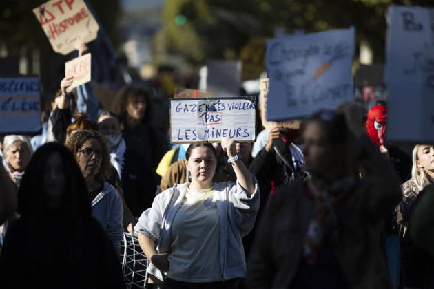 High Cost of Living Protest - Gap Demonstrators walk through Gap carrying placards on October 17, 2026. A visible sign reads Gazer les violeurs, pas les mineurs ( Tear-gas rapists, not minors ). Photo by Thibaut Durand ABACAPRESS.COM Gap Provence-Alpes-Cote d Azur France  Copyright: xDurandxThibaut ABACAx