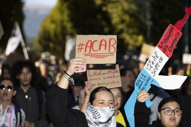 High Cost of Living Protest - Gap A demonstrator raises a placard reading ACAB during the march in Gap, France, on October 17, 2026. Other signs criticize police violence. Photo by Thibaut Durand ABACAPRESS.COM Gap Provence-Alpes-Cote d Azur France  Copyright: xDurandxThibaut ABACAx