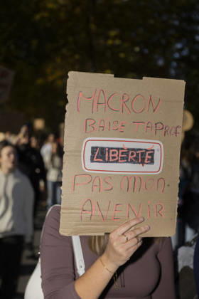 High Cost of Living Protest - Gap A demonstrator holds a sign with the words Liberté ( Freedom ) and Pas mon avenir ( Not my future ) during the march in Gap, France, on October 17, 2026. The remaining wording is not fully legible. Photo by Thibaut Durand ABACAPRESS.COM Gap Provence-Alpes-Cote d Azur France  Copyright: xDurandxThibaut ABACAx