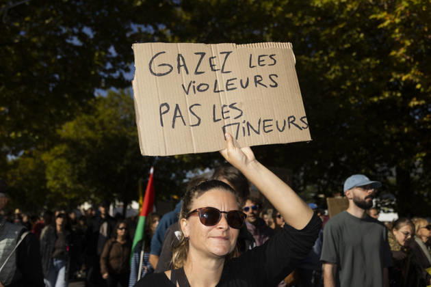High Cost of Living Protest - Gap A demonstrator holds a sign reading Gazer les violeurs, pas les mineurs ( Tear-gas rapists, not minors ) during the march in Gap, France, on October 17, 2026. Photo by Thibaut Durand ABACAPRESS.COM Gap Provence-Alpes-Cote d Azur France  Copyright: xDurandxThibaut ABACAx